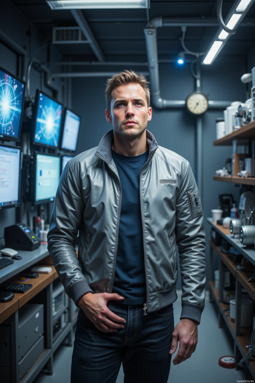 A man stands in a tech-laden room, wearing a bomber jacket and jeans.