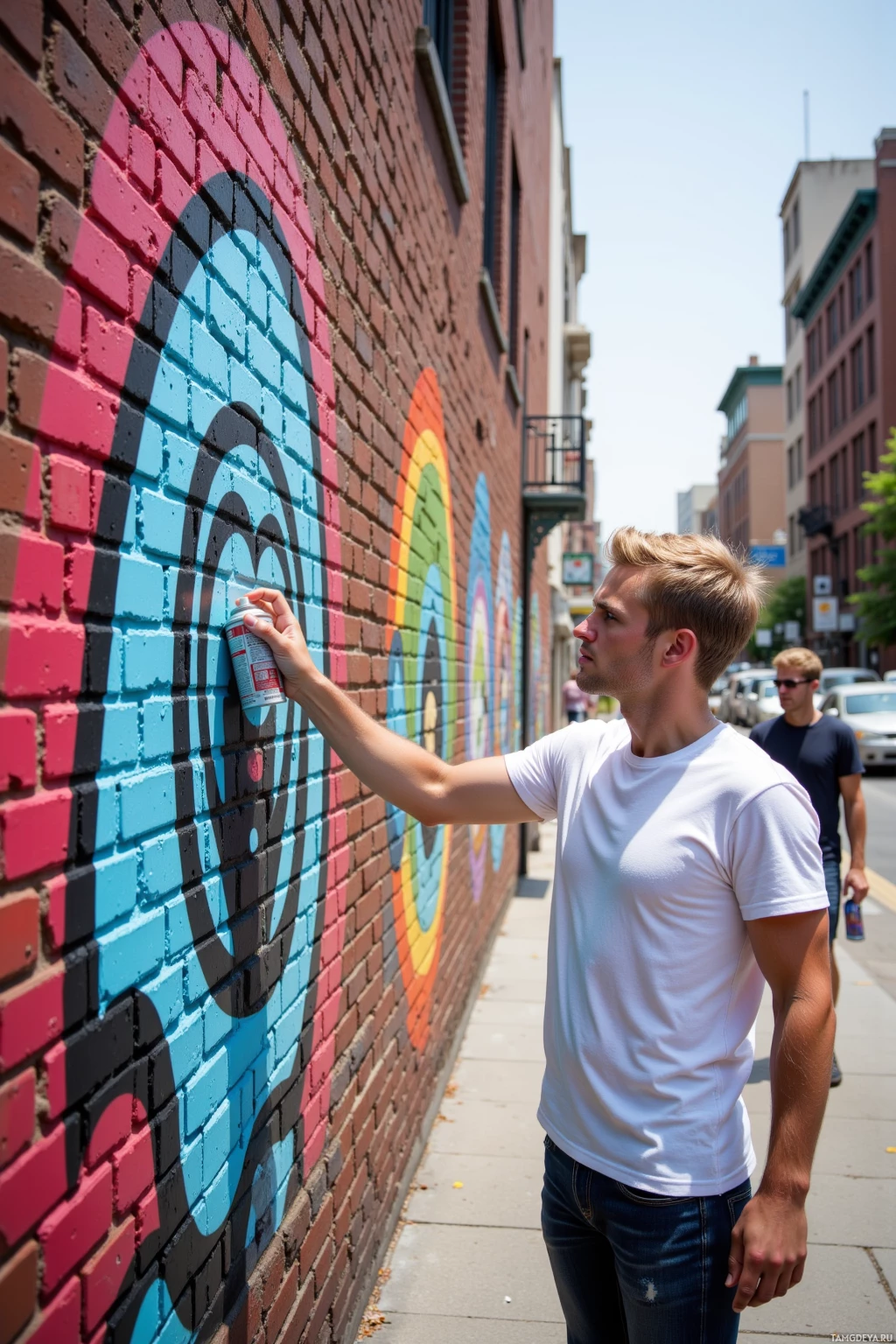 A person in a white shirt spray-paints a colorful mural on a brick wall.