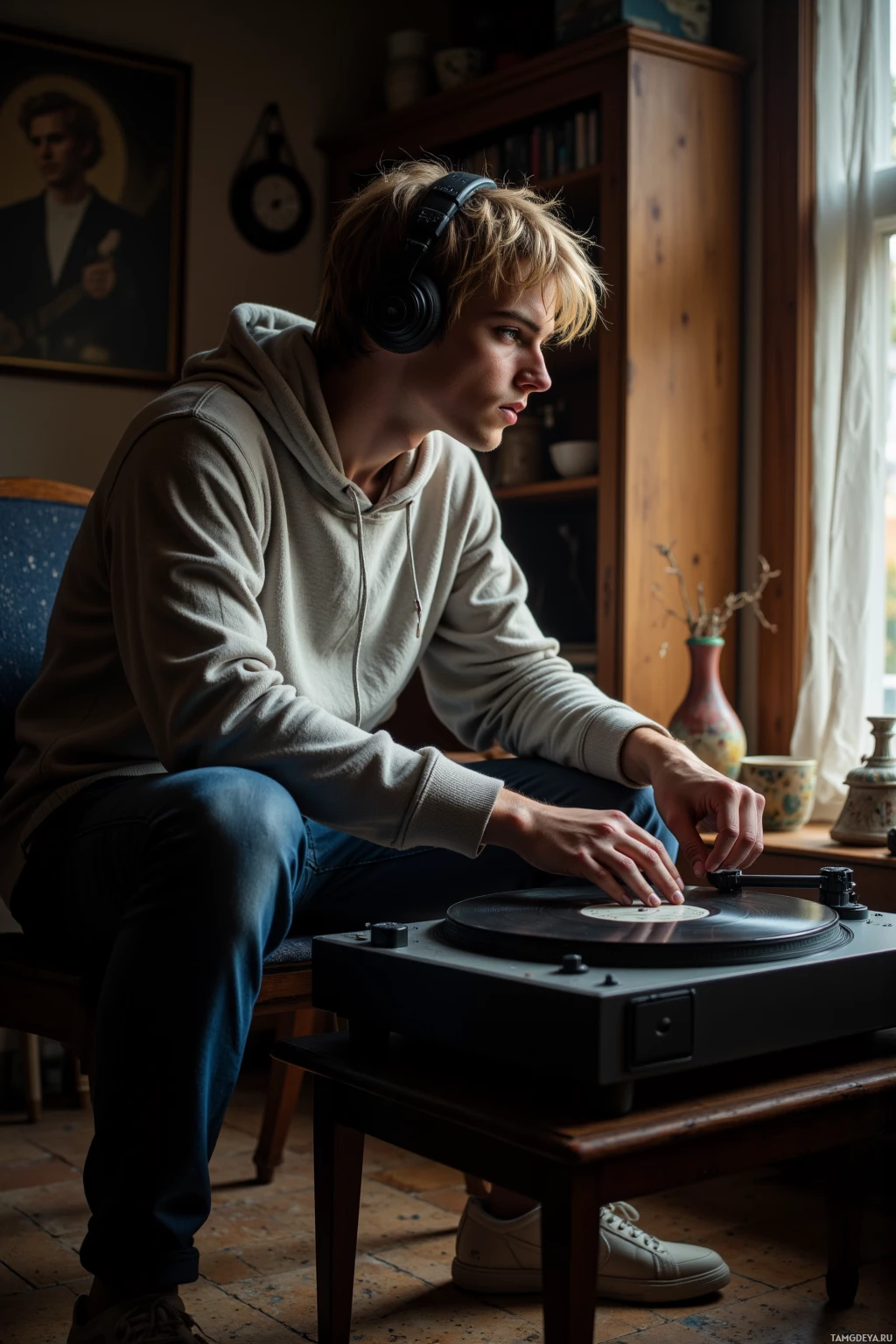 A person wearing headphones sits on a bench, listening to a record player.