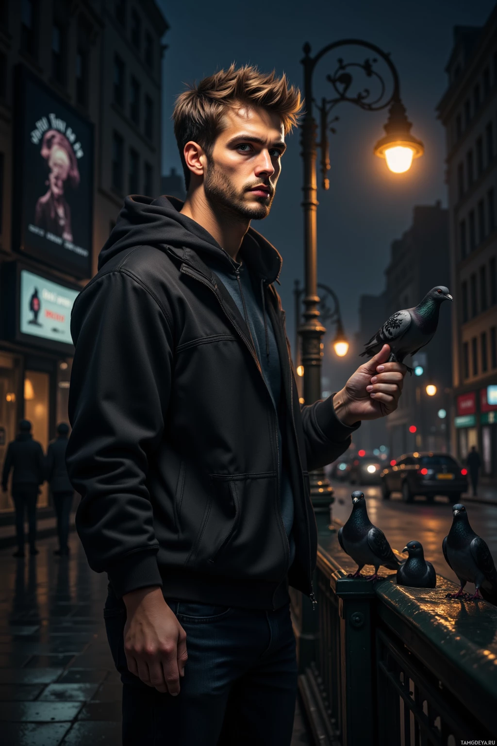 A man in a hoodie stands on a city street at dusk, holding a pigeon.