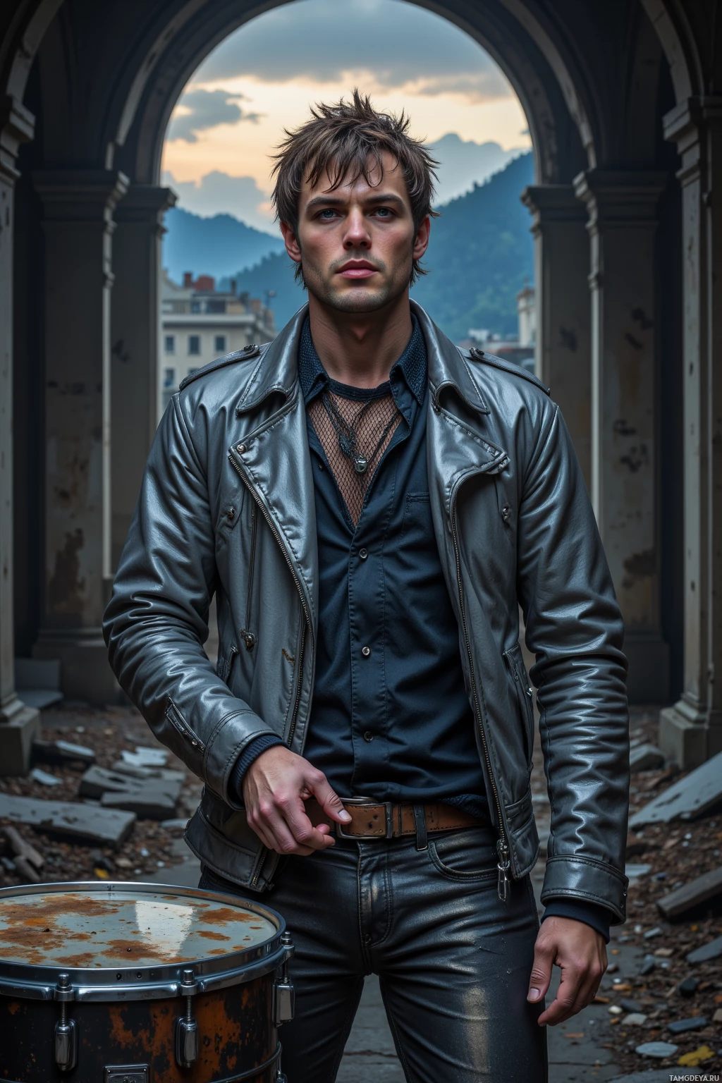 A man in a leather jacket stands in an archway with a drum in the foreground.