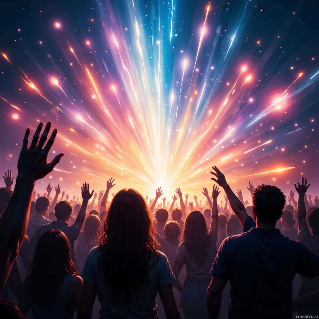 A crowd of people with raised hands against a vibrant, starburst background.