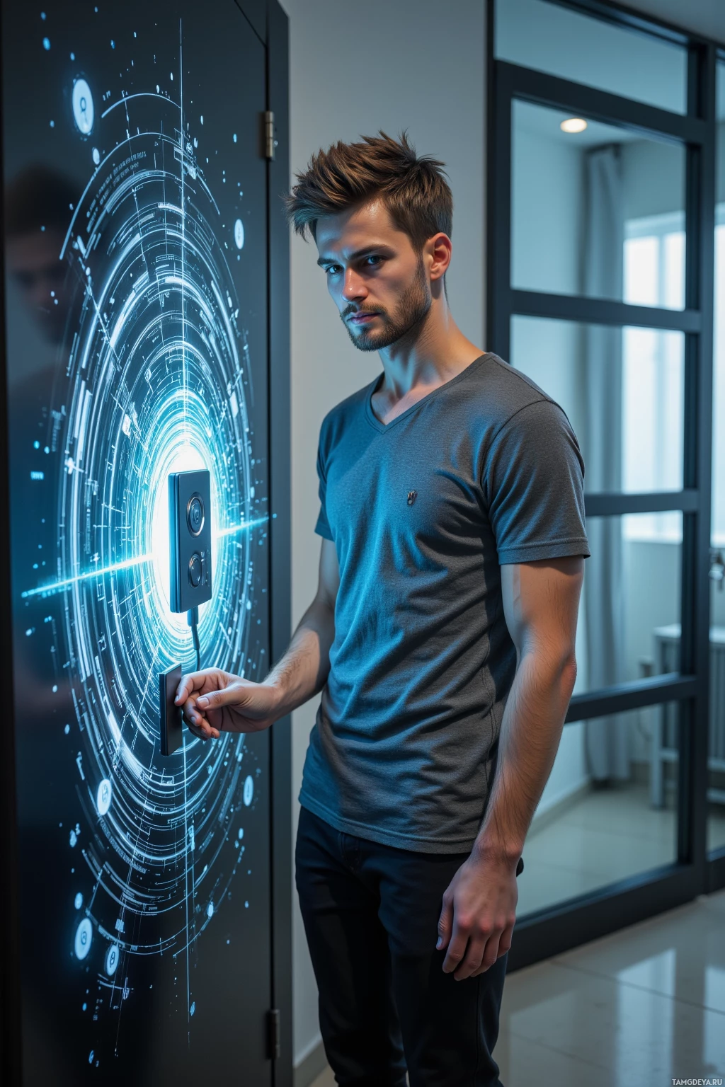 A man stands in front of a futuristic door with a glowing interface.