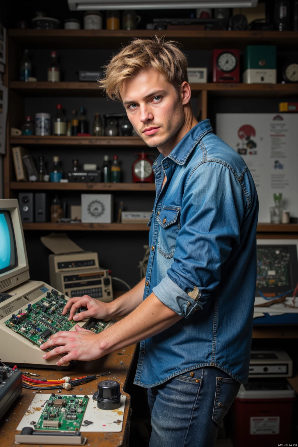 A person in a denim shirt stands in a workshop, working on a computer with a circuit board.