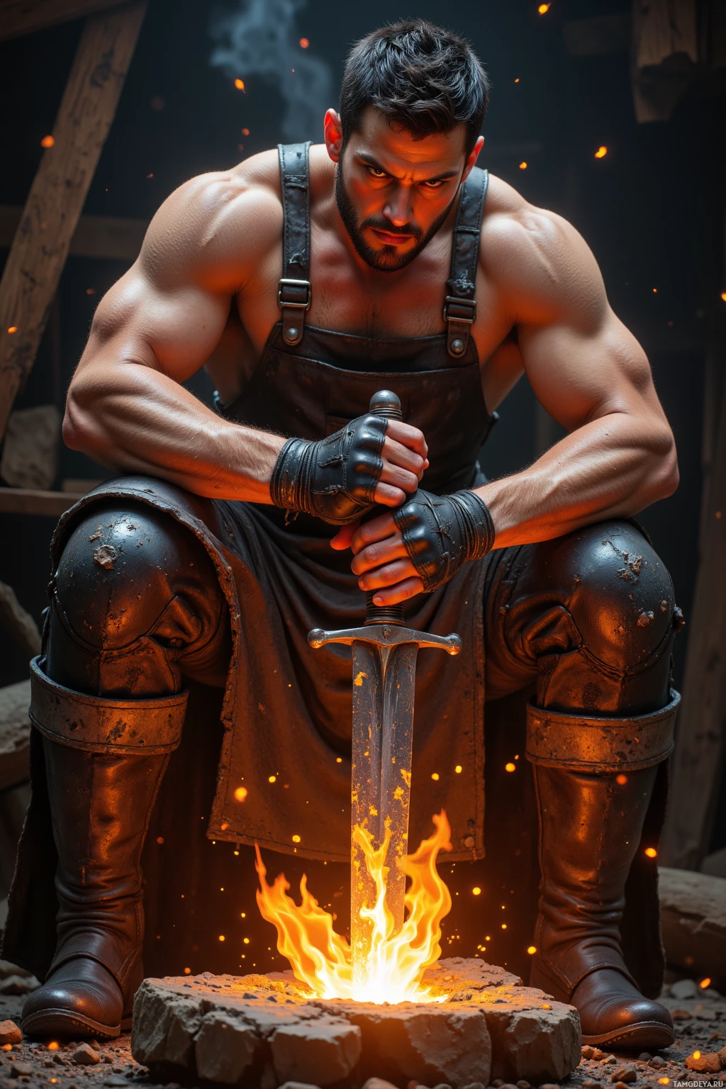 A muscular man in leather armor kneels beside a glowing sword.
