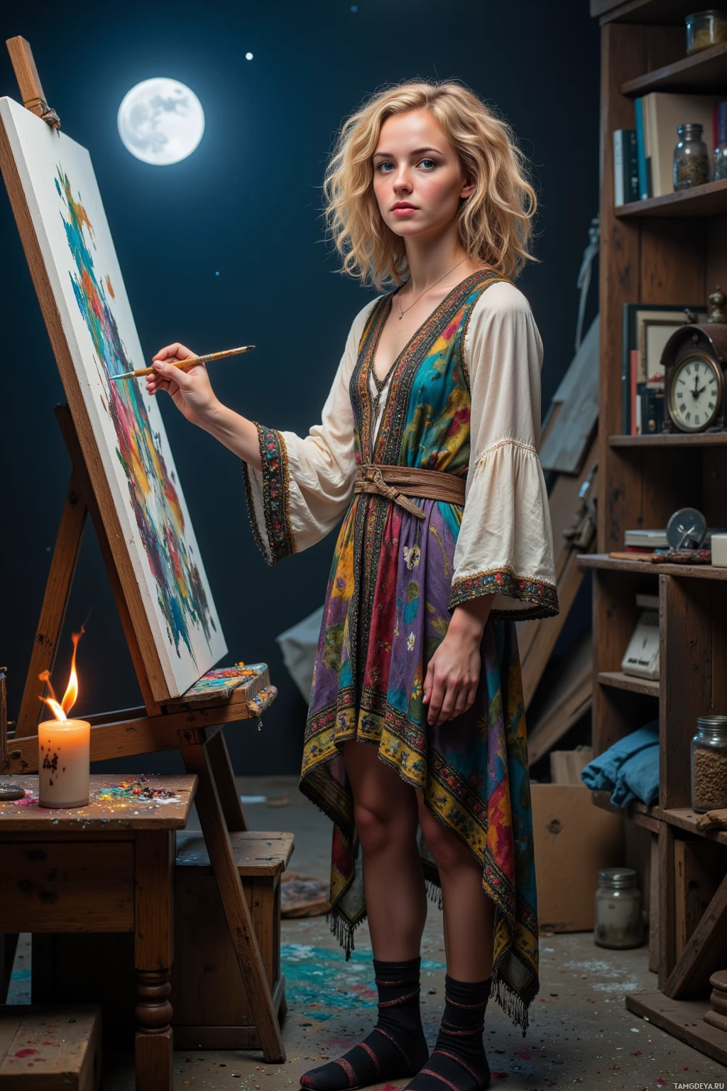 A woman in a colorful dress stands in a studio, holding a paintbrush near an easel with a canvas.