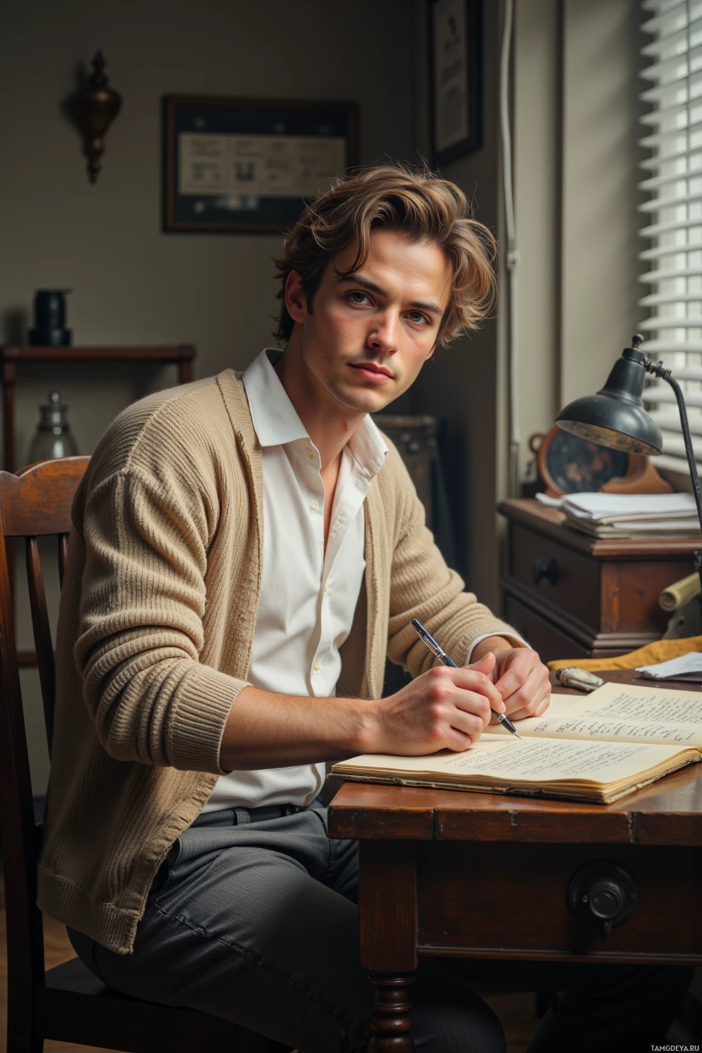 A man sits at a desk, writing in a notebook with a pen.