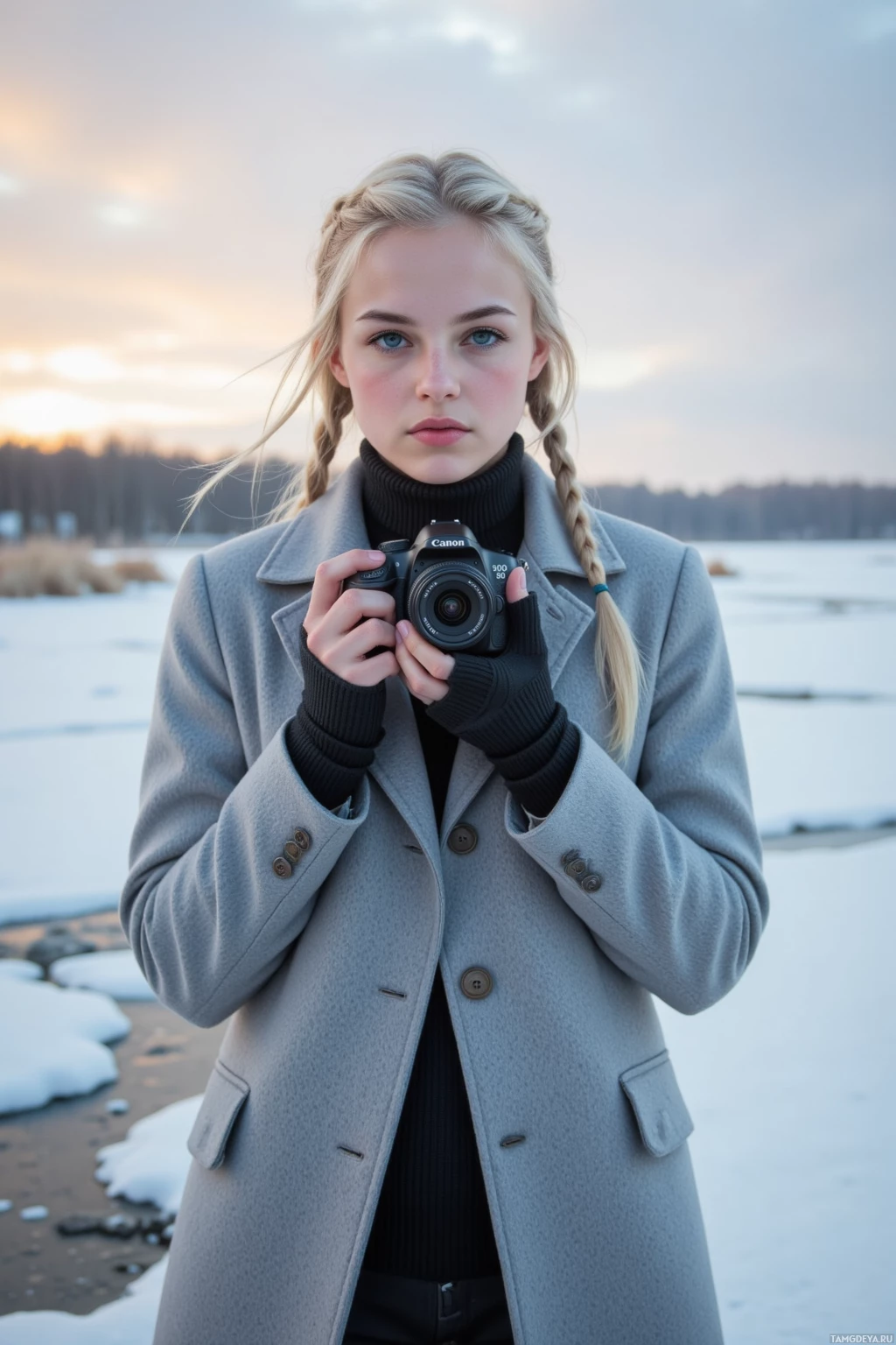A person in a gray coat holding a camera stands outdoors in a snowy landscape.