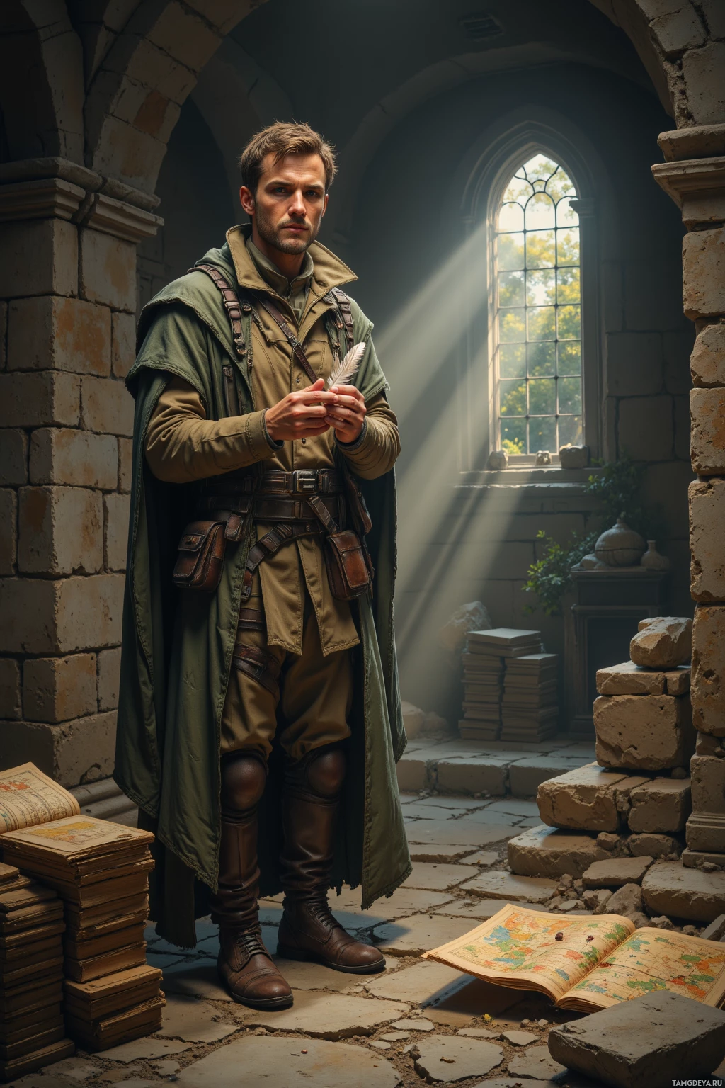 A man in a medieval-style outfit stands in a dimly lit stone room, holding a feather pen.
