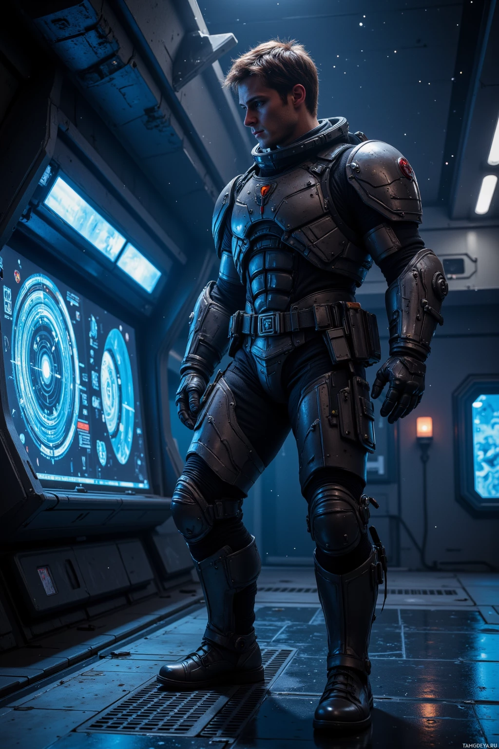 A person in futuristic armor stands in a high-tech environment.
