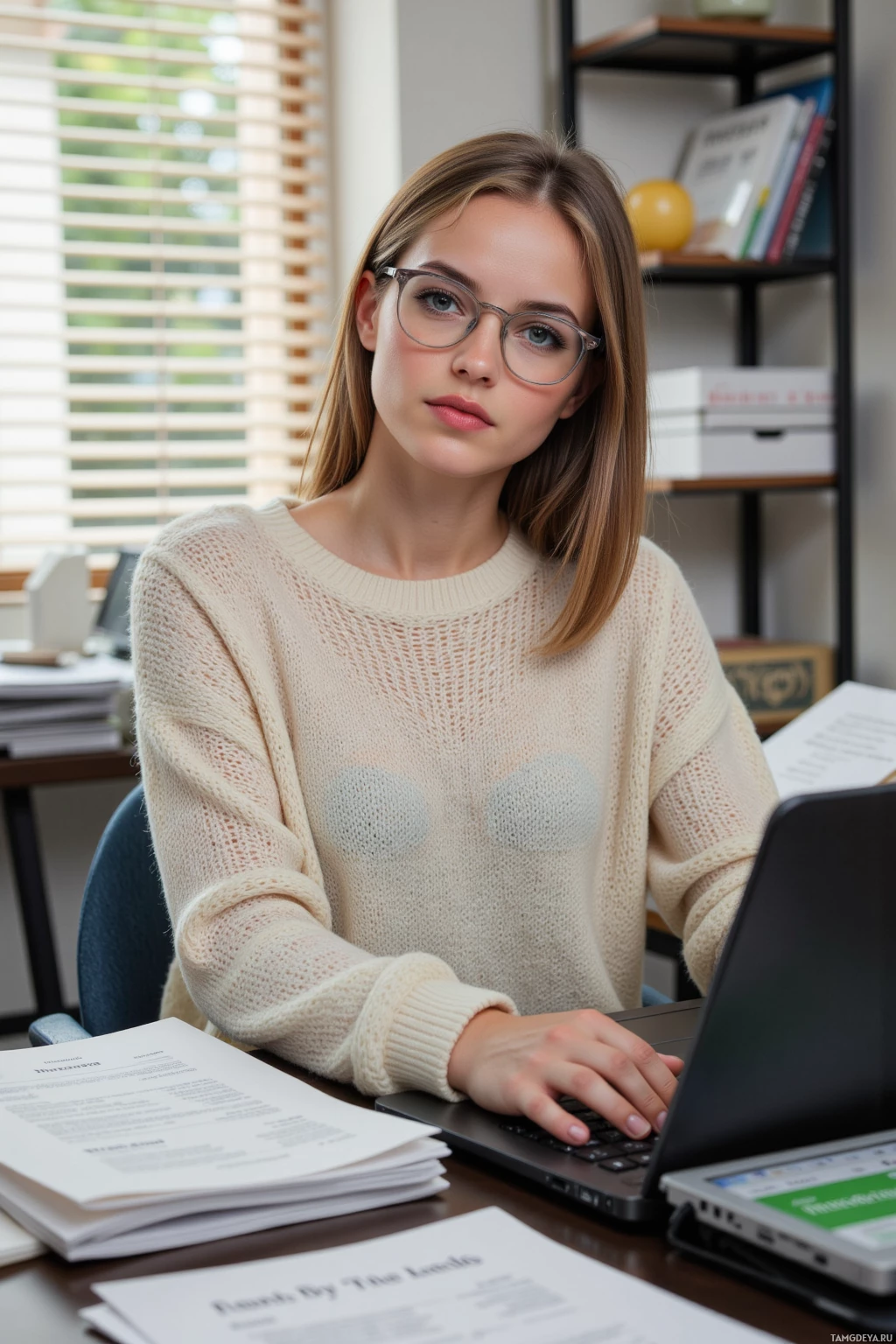 A woman wearing glasses sits at a desk with a laptop and papers, appearing focused.