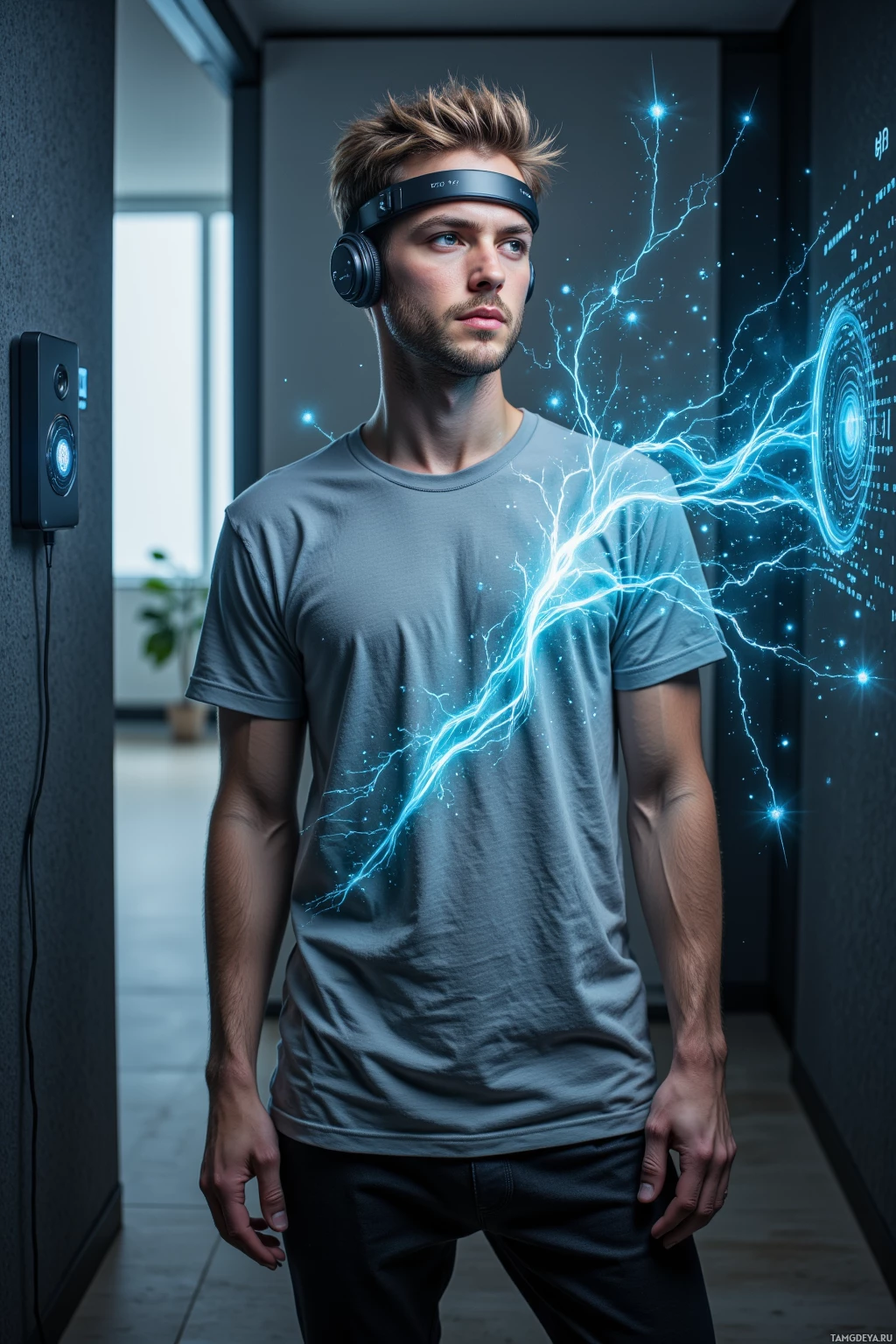 A person wearing a headband and headphones stands in a modern hallway with glowing blue energy effects.