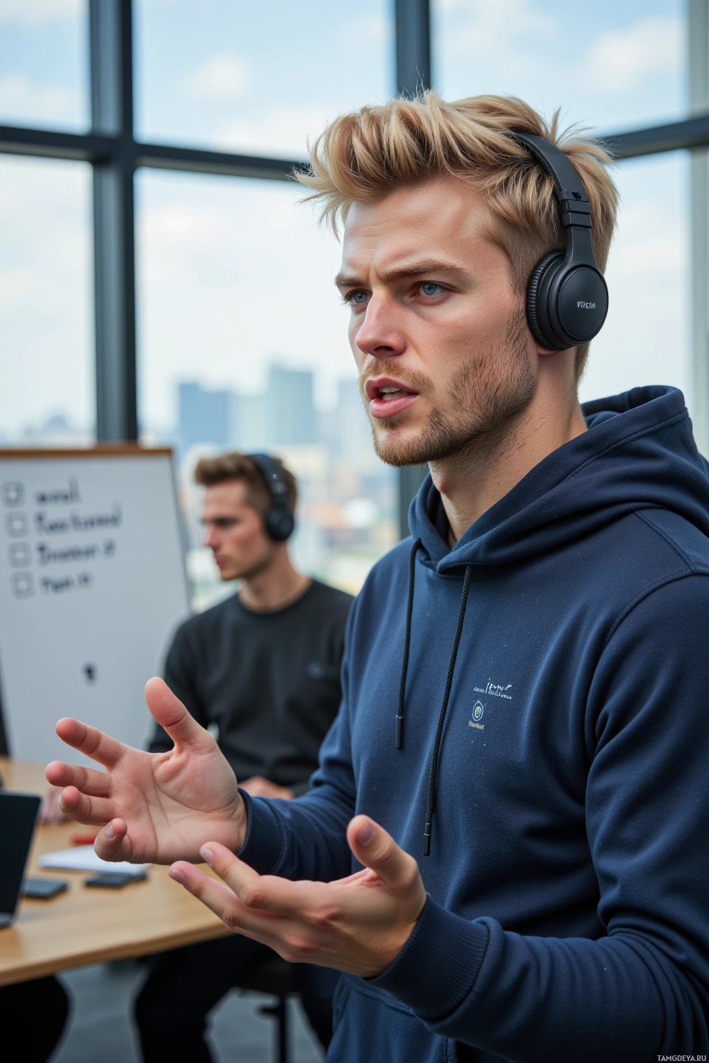 Two individuals wearing headphones are engaged in a discussion in an office setting.