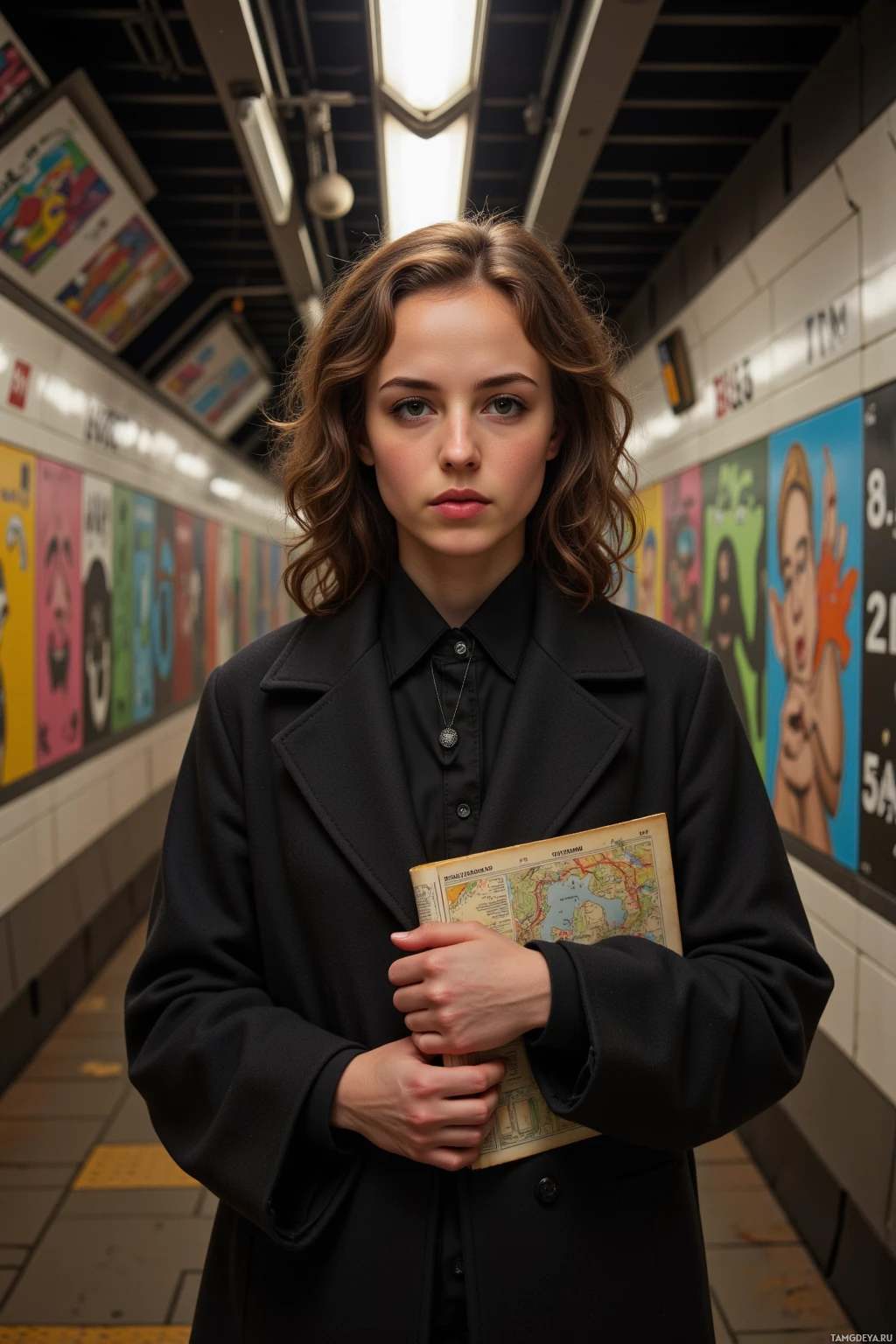 A person in a black coat stands in a subway station holding a map.