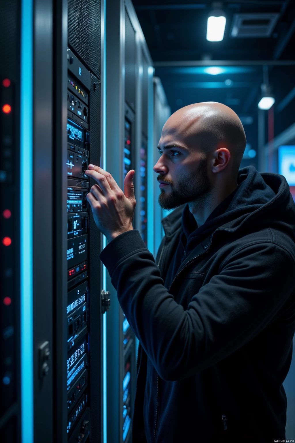 A man in a server room interacts with a server panel.