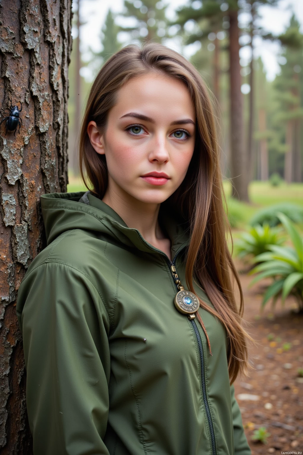 A person in a green jacket stands in a forest setting.