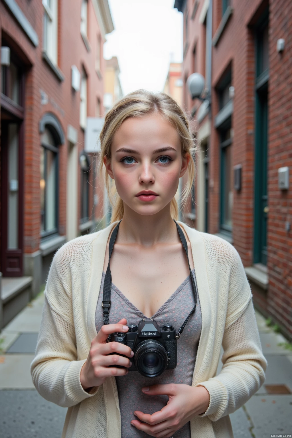 A young woman stands in an alleyway, holding a camera.