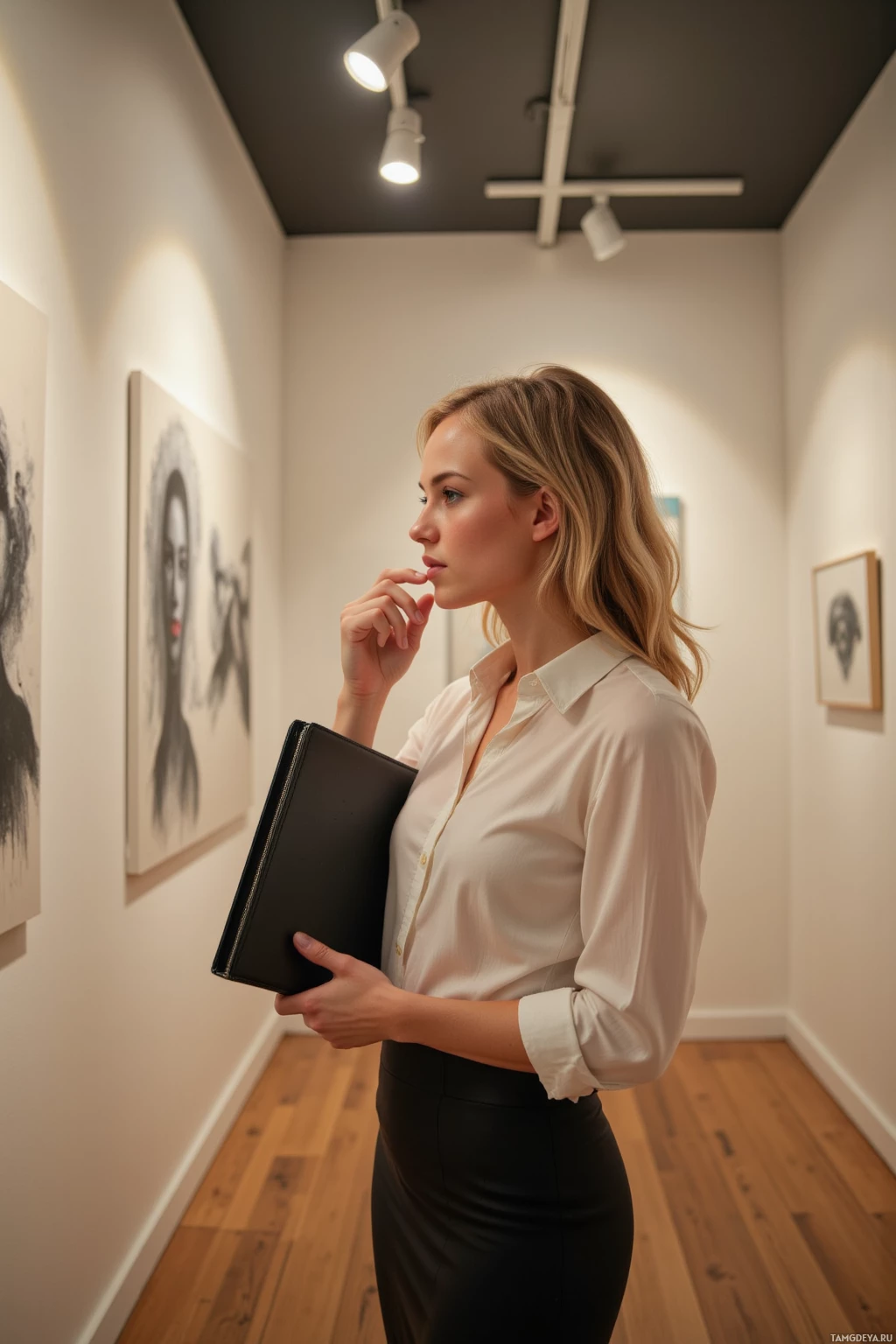 A woman in a white blouse and black skirt stands in an art gallery, holding a folder and looking at artwork on the wall.