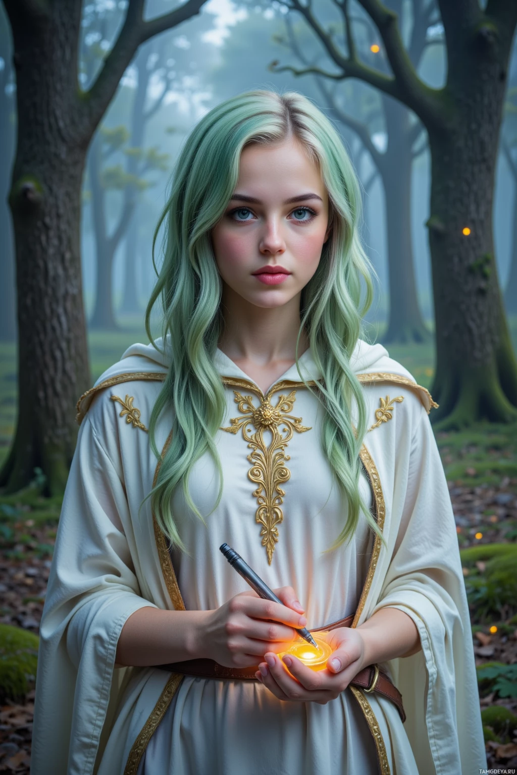 A person in a white robe with gold embroidery stands in a misty forest, holding a glowing object.