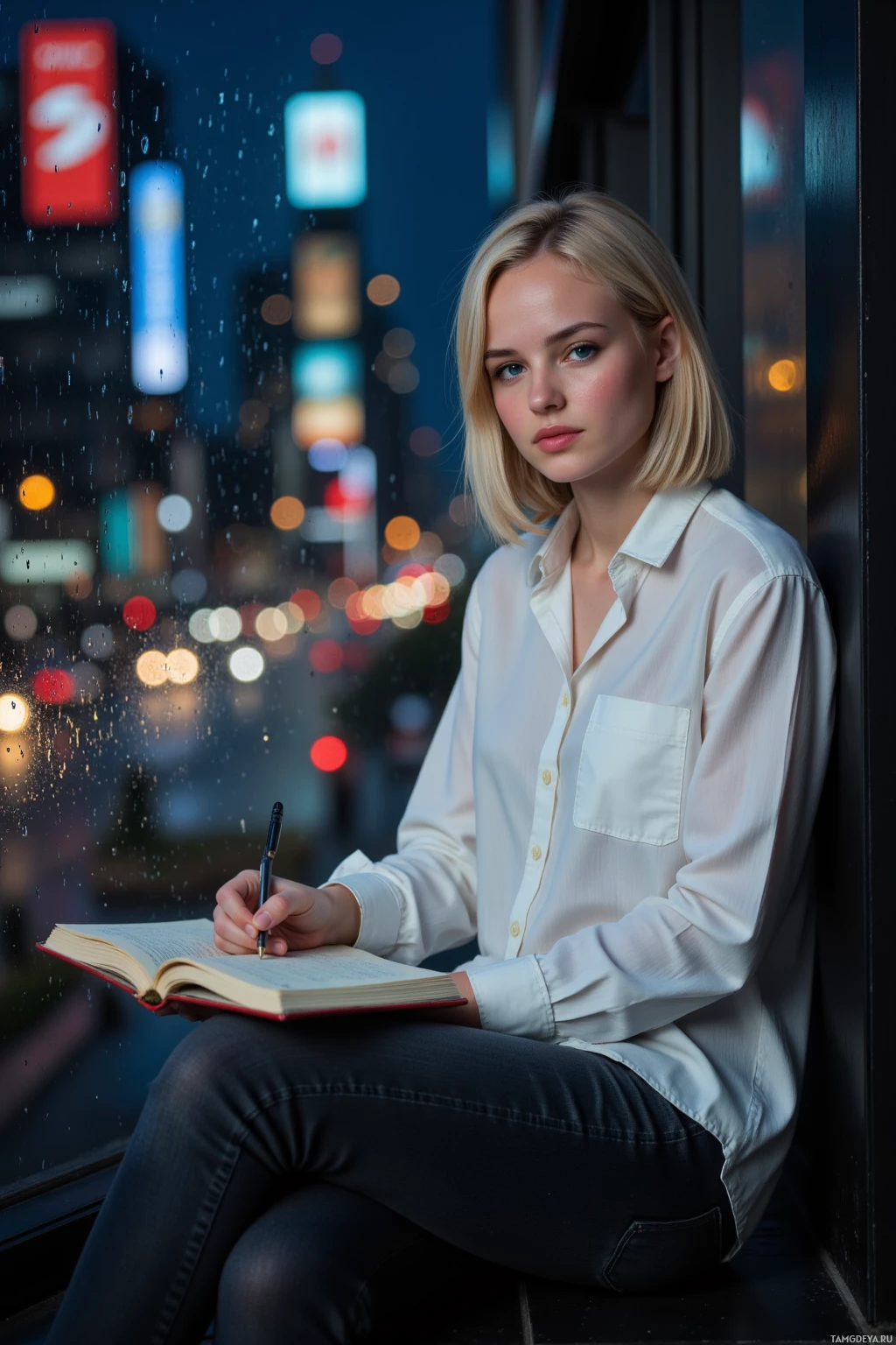 A person in a white shirt sits by a window, writing in a notebook with a cityscape and raindrops in the background.