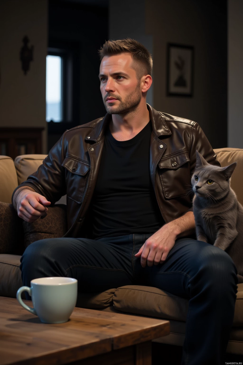 A man in a leather jacket sits on a couch with a cat, holding a mug on a table.