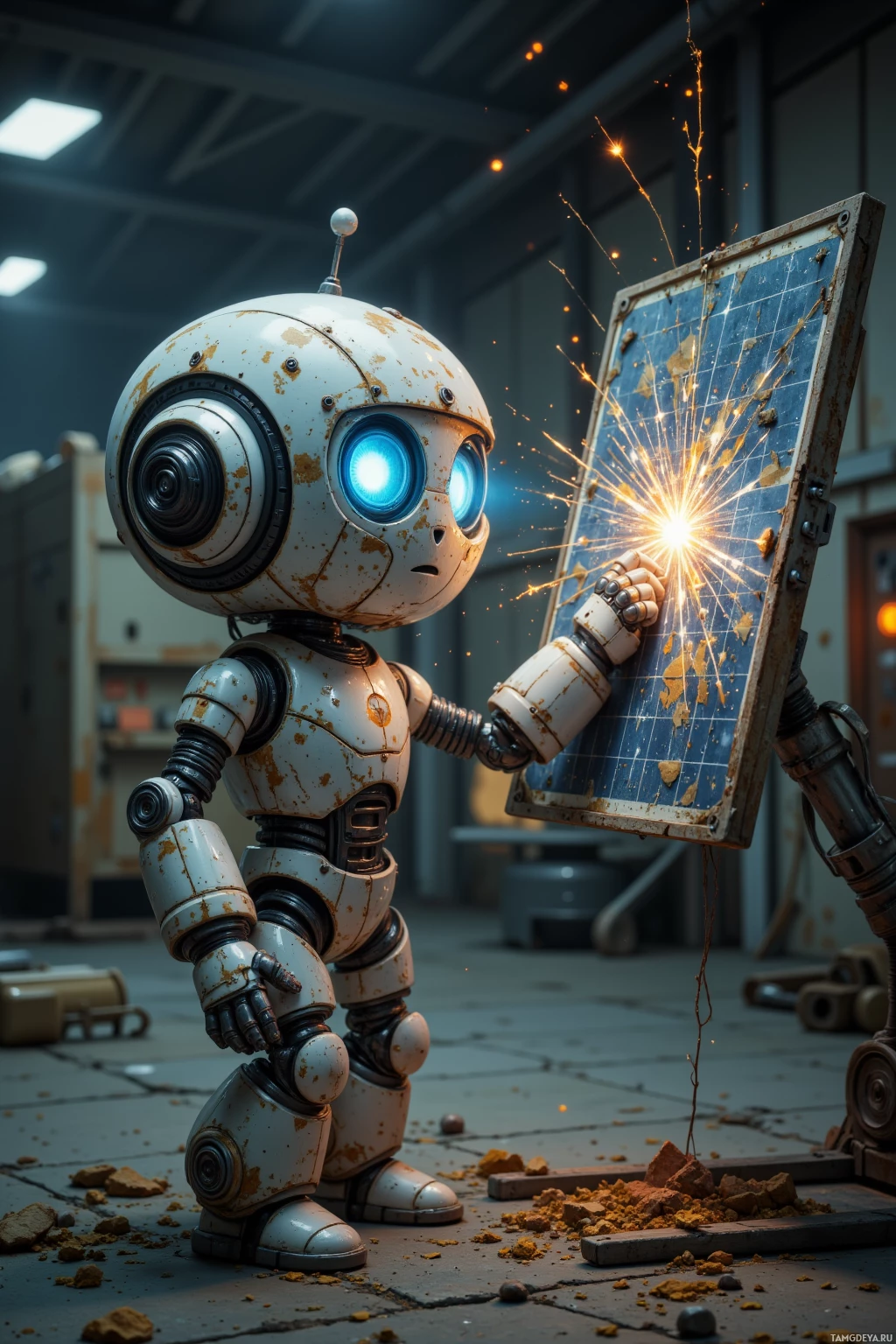 A small, rusted robot holds a sparking solar panel in a dimly lit industrial setting.