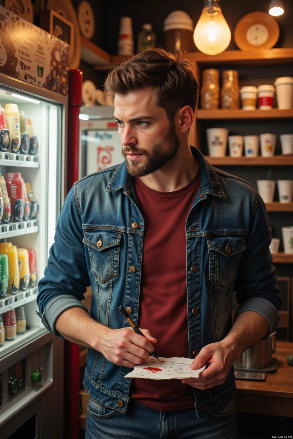 A man in a denim jacket and red shirt is writing on a piece of paper in a store.