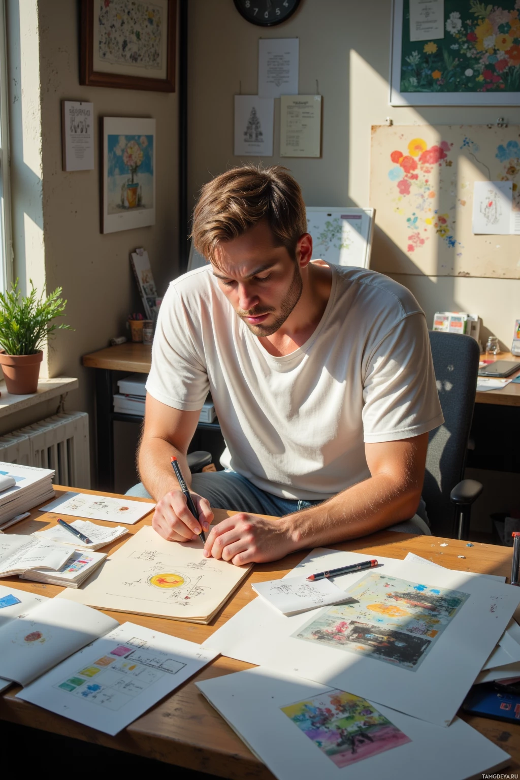 A man is sitting at a desk in a well-lit room, drawing or writing in a notebook.