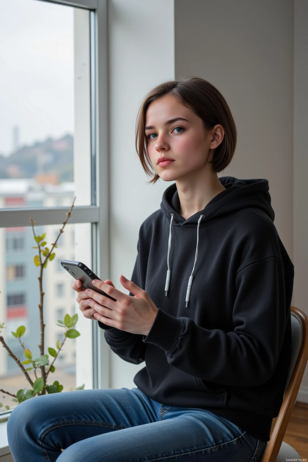 A person in a black hoodie and jeans sits by a window, holding a phone.
