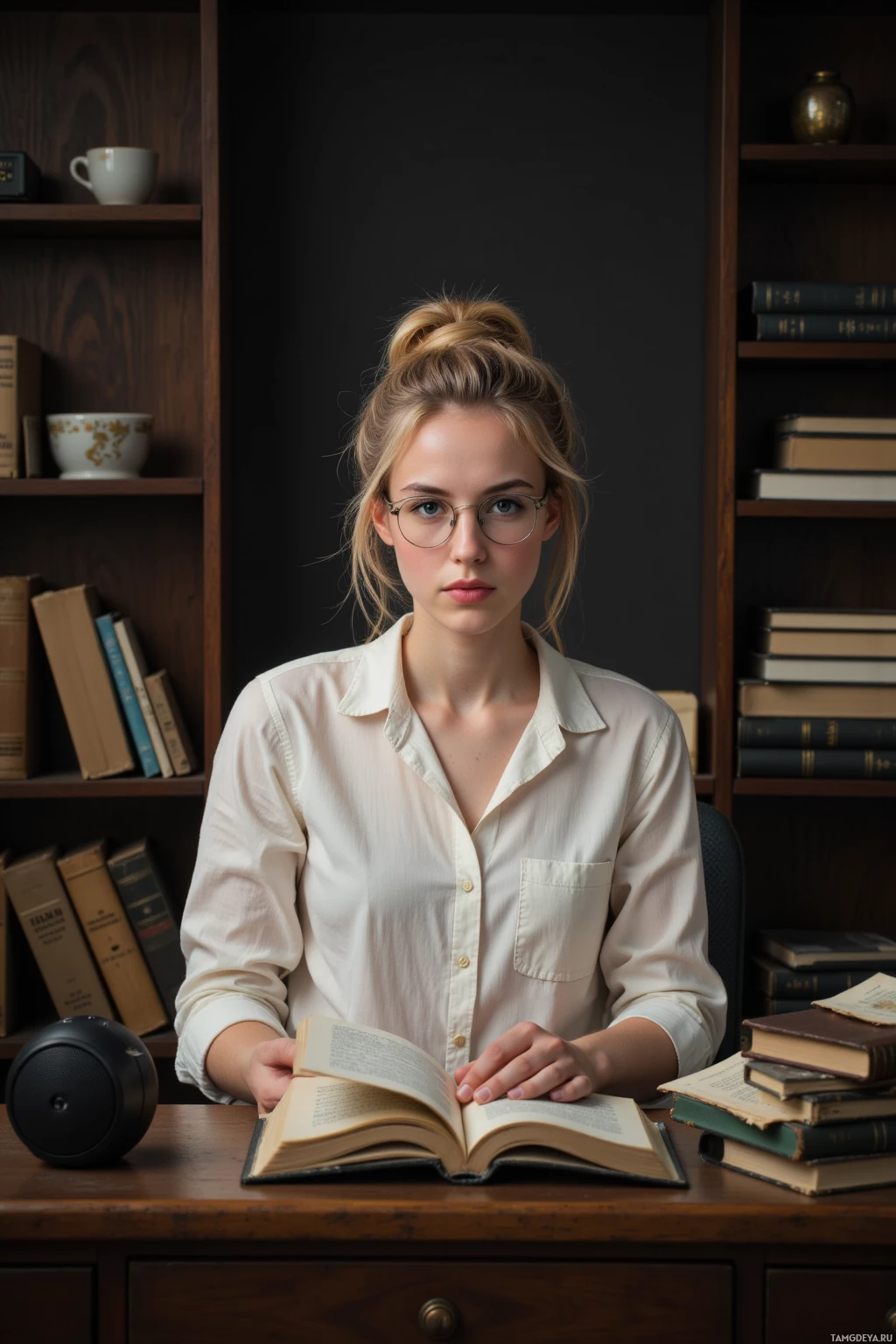 A person in a white shirt sits at a desk with an open book, surrounded by books and a clock on a shelf.