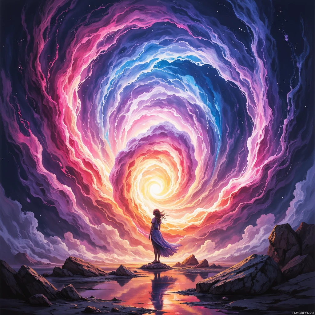 A woman stands on a rocky shore, gazing at a swirling, colorful vortex in the sky.