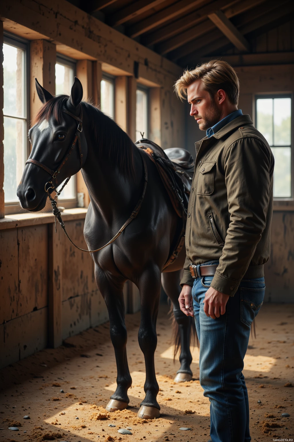 A man stands beside a horse in a stable, both looking out a window.