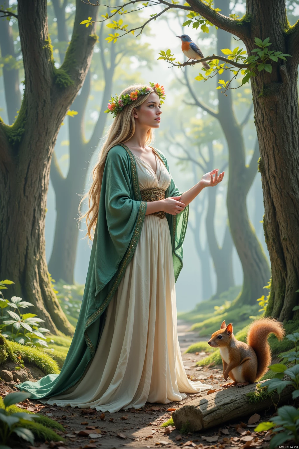 A woman in a flowing green and cream dress stands in a forest, surrounded by trees and a squirrel.
