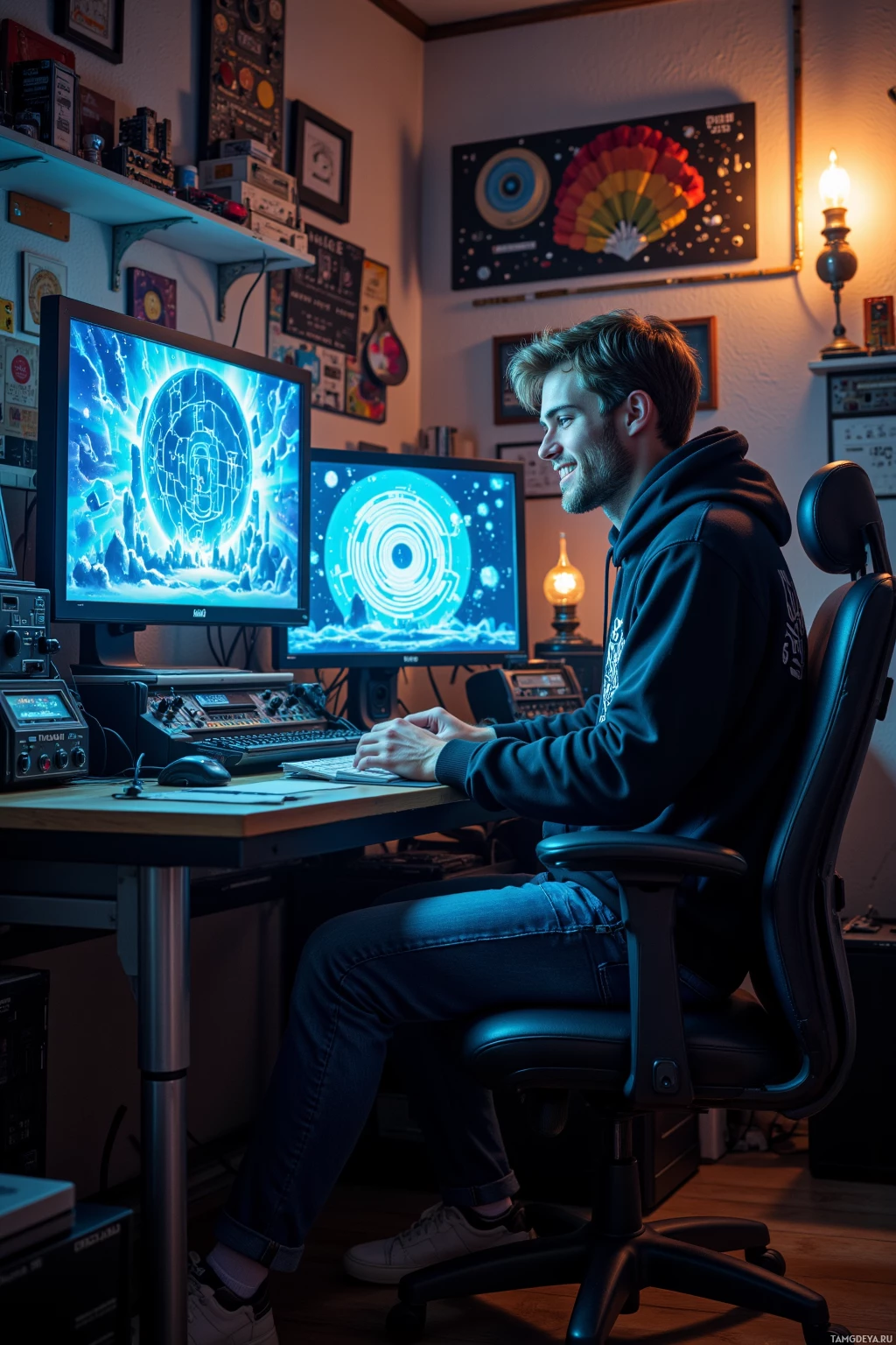 A person is sitting at a desk in a dimly lit room, working on a computer with two monitors displaying futuristic graphics.