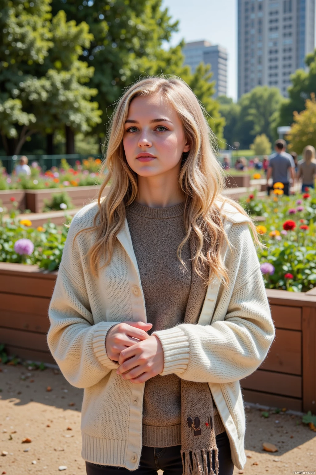 A person stands in a park, wearing a beige cardigan and a brown sweater, with a background of greenery and buildings.
