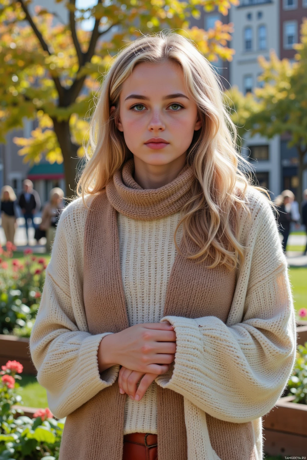A person wearing a beige knitted sweater and scarf stands outdoors in a park-like setting.