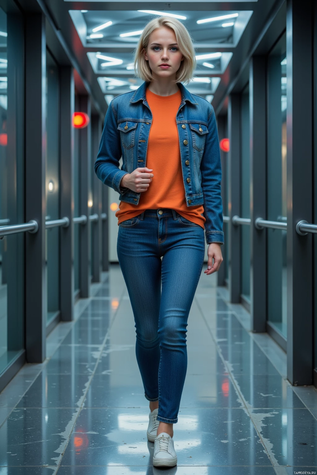 A person walks down a modern corridor wearing a denim jacket, orange shirt, and jeans.