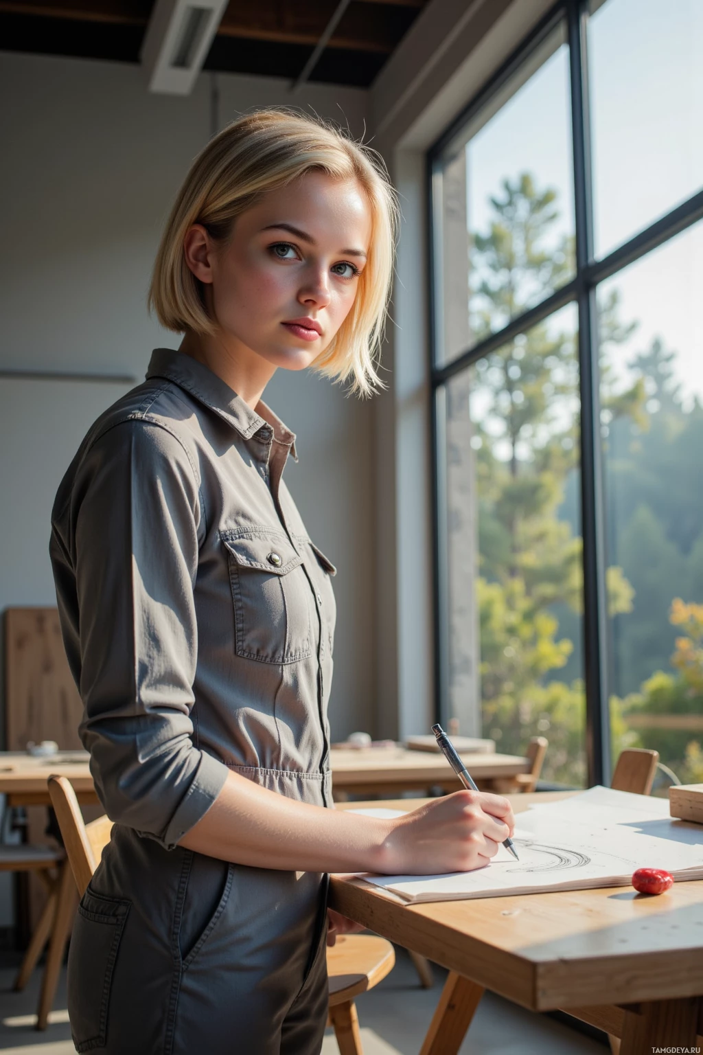 A person in a utility-style shirt is sketching at a table with large windows in the background.