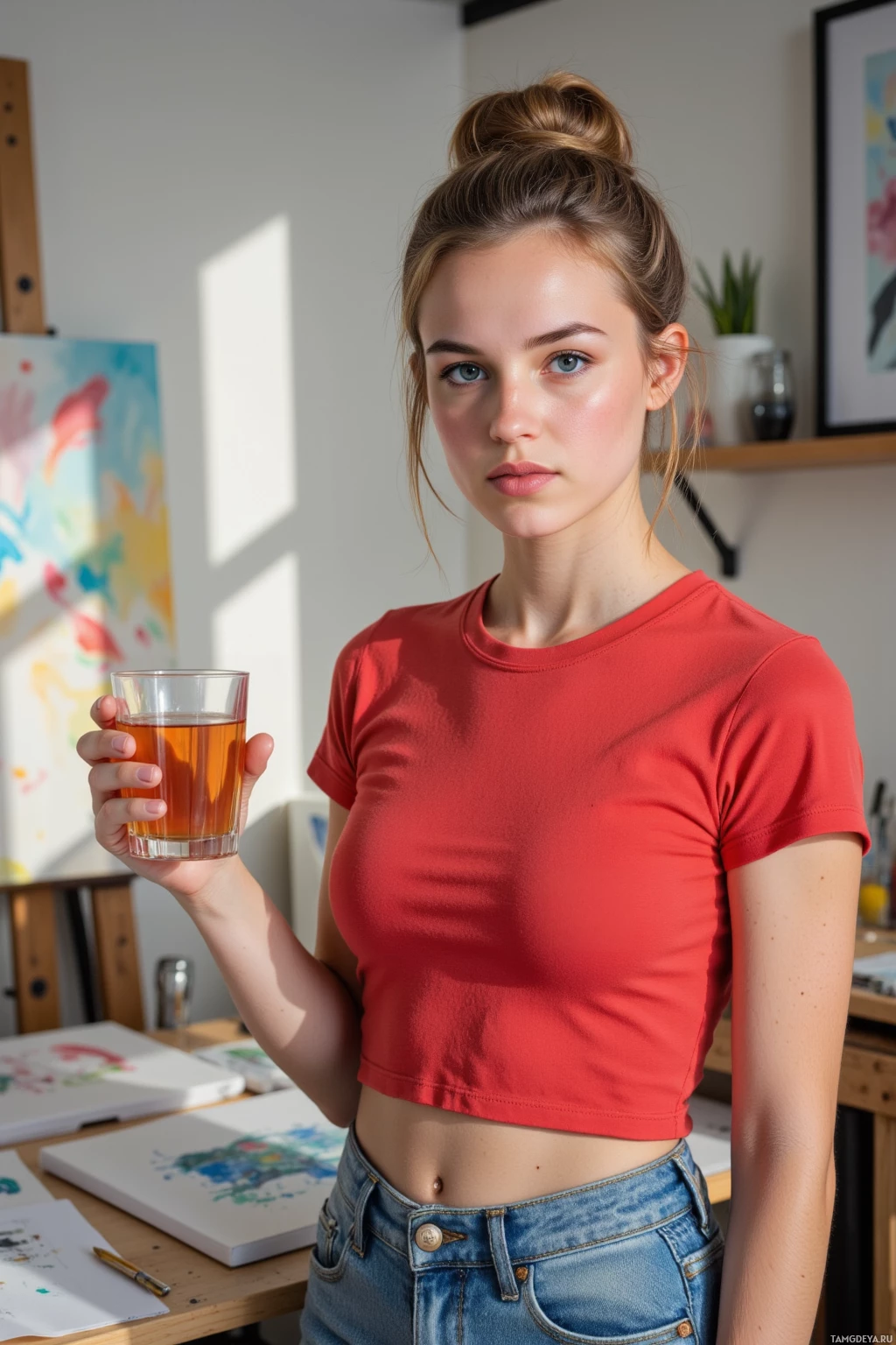 A person in a red crop top and jeans holds a glass of tea in a room with art supplies.