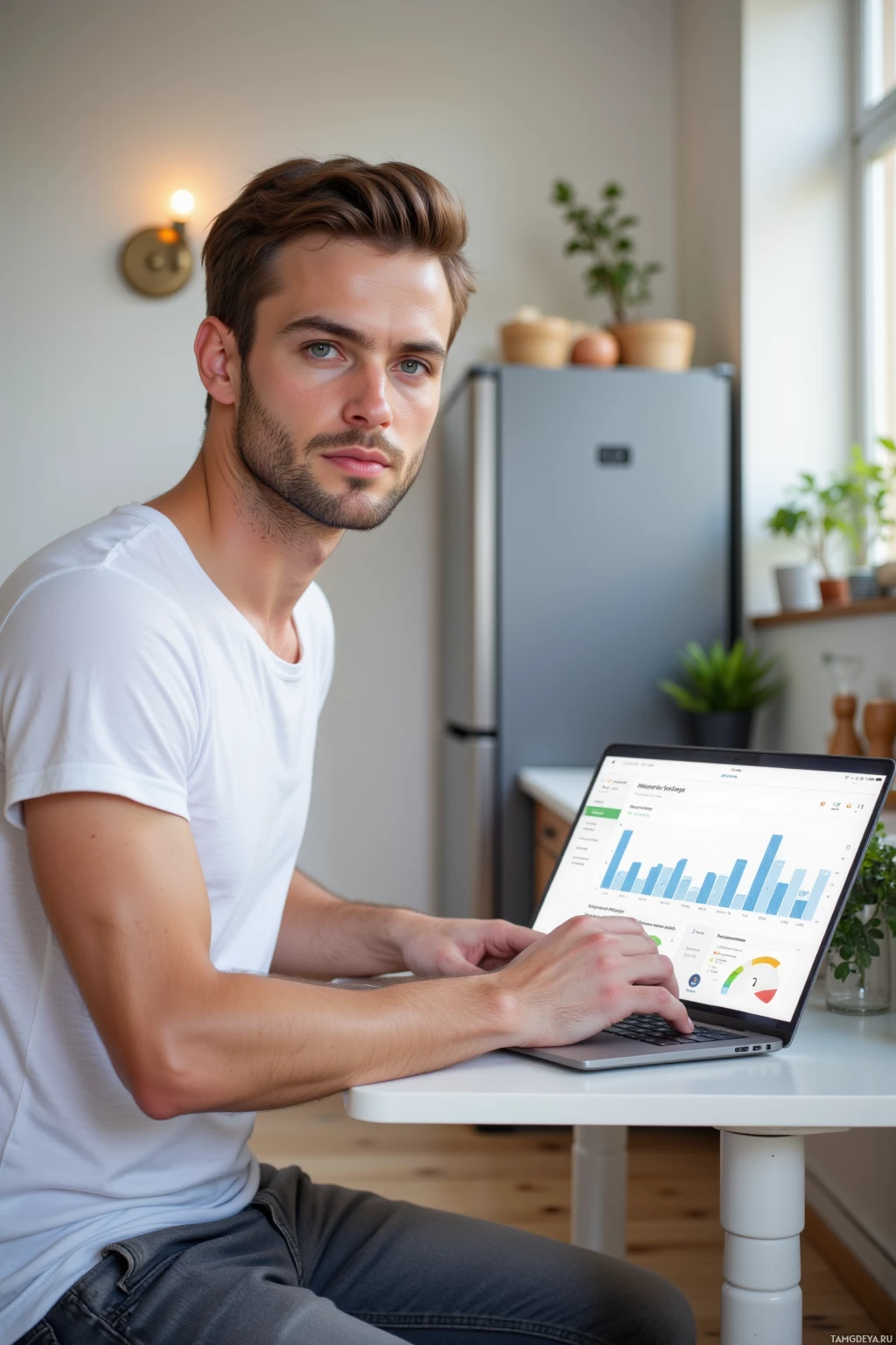 A man in a white t-shirt works on a laptop at a table in a modern kitchen.