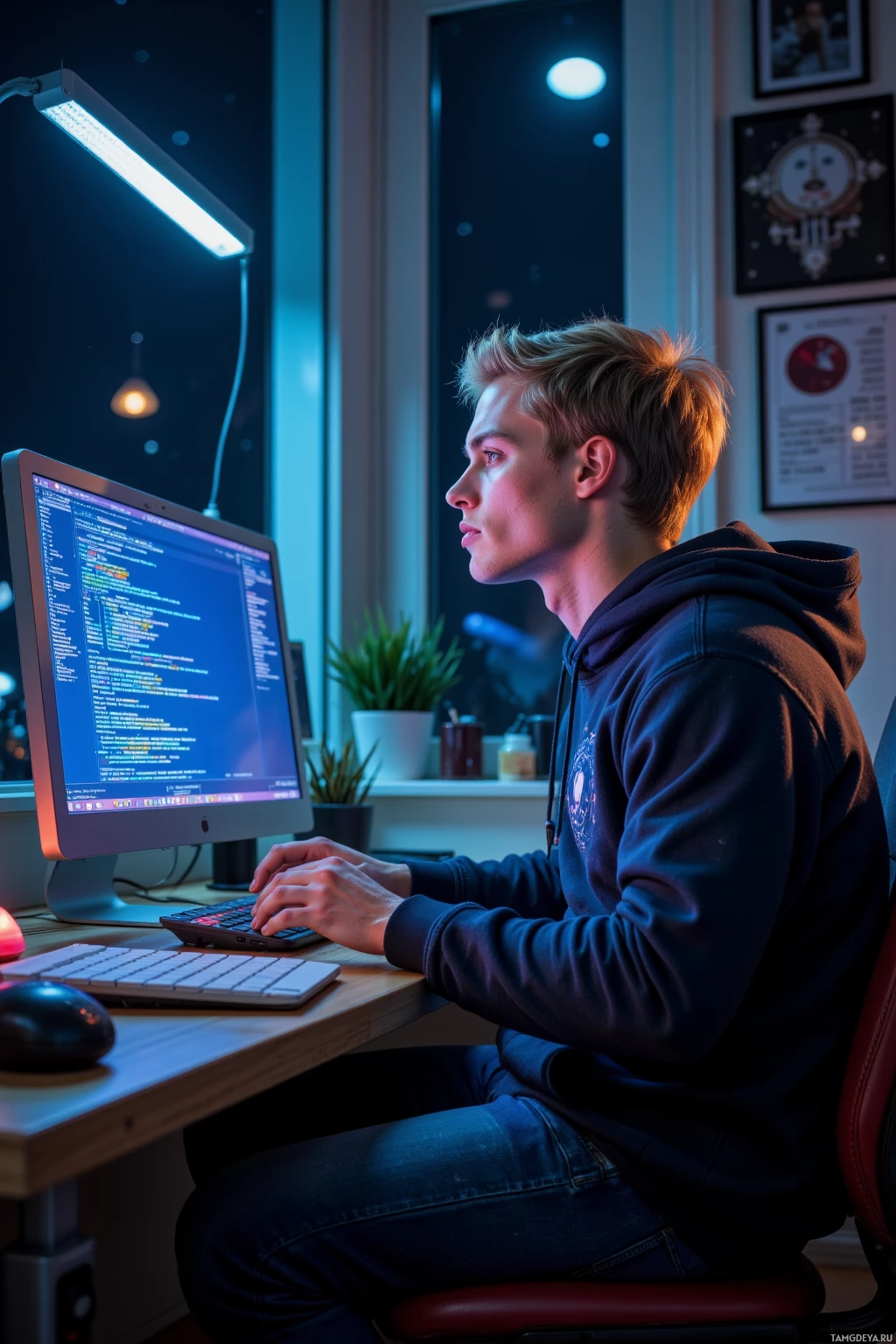 A person is sitting at a desk, working on a computer with code displayed on the screen.