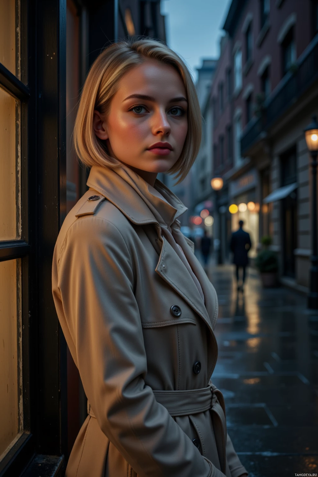 A woman in a beige trench coat stands in a dimly lit alleyway.