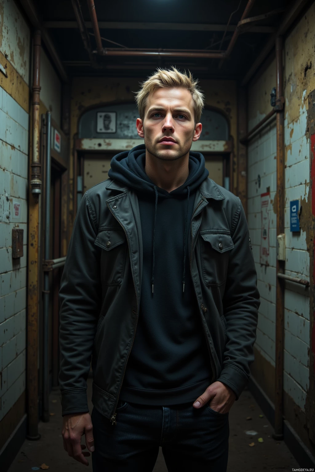 A man stands in a dimly lit alleyway, wearing a dark jacket and hoodie.