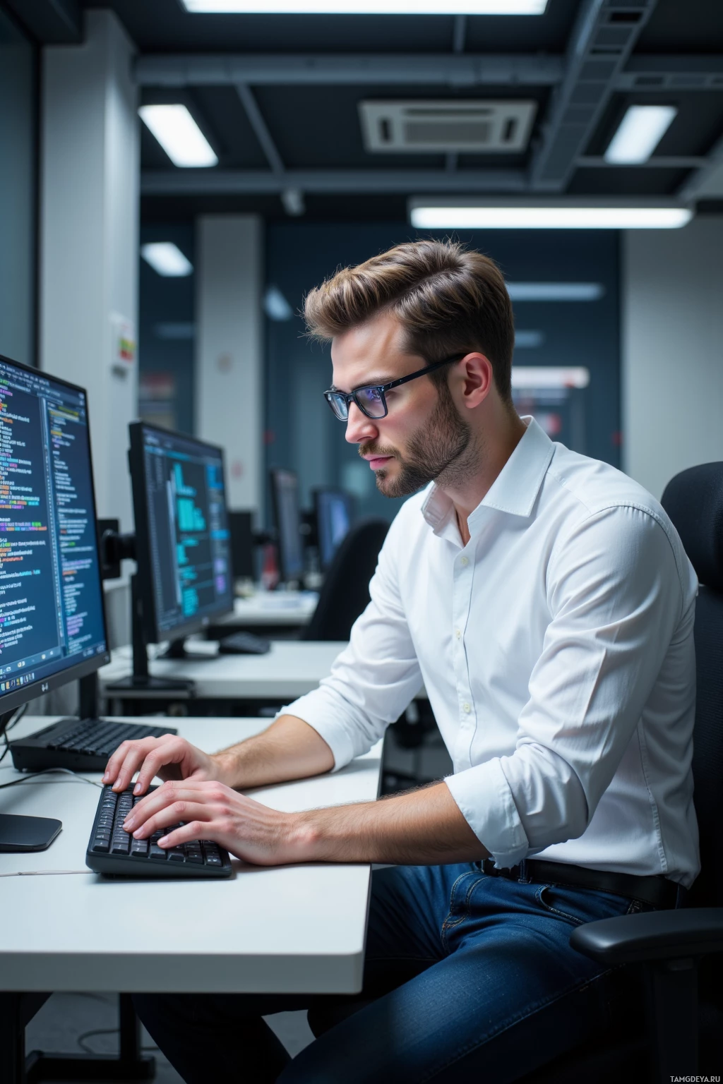 A man in a white shirt works at a desk with two computer monitors.