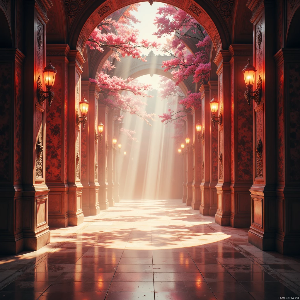 A grand hallway with ornate columns, hanging lanterns, and cherry blossoms filtering sunlight.