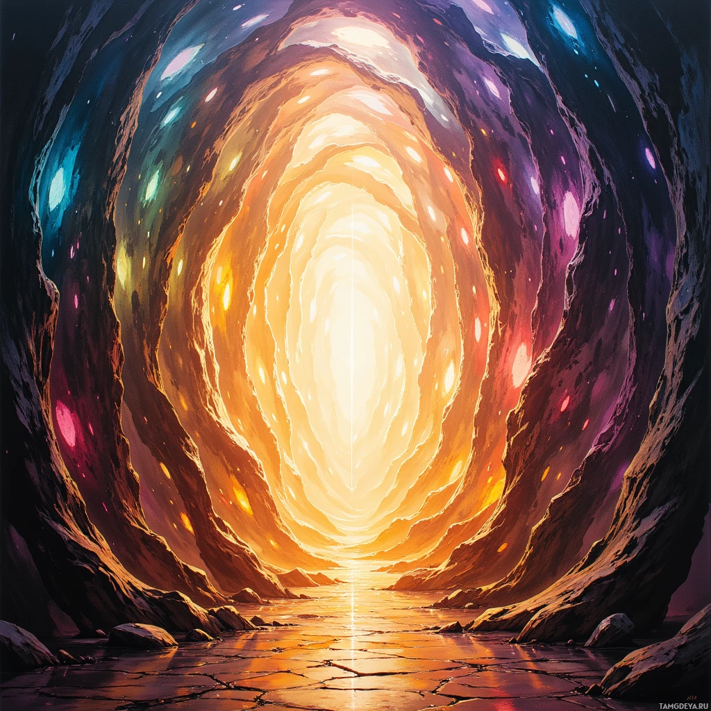 A vibrant, cosmic tunnel with glowing lights and a bright light at the end.
