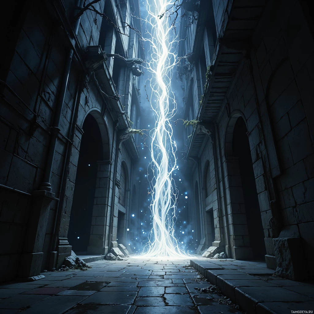 A dark, eerie alleyway with a glowing, lightning-like energy beam descending from the sky.