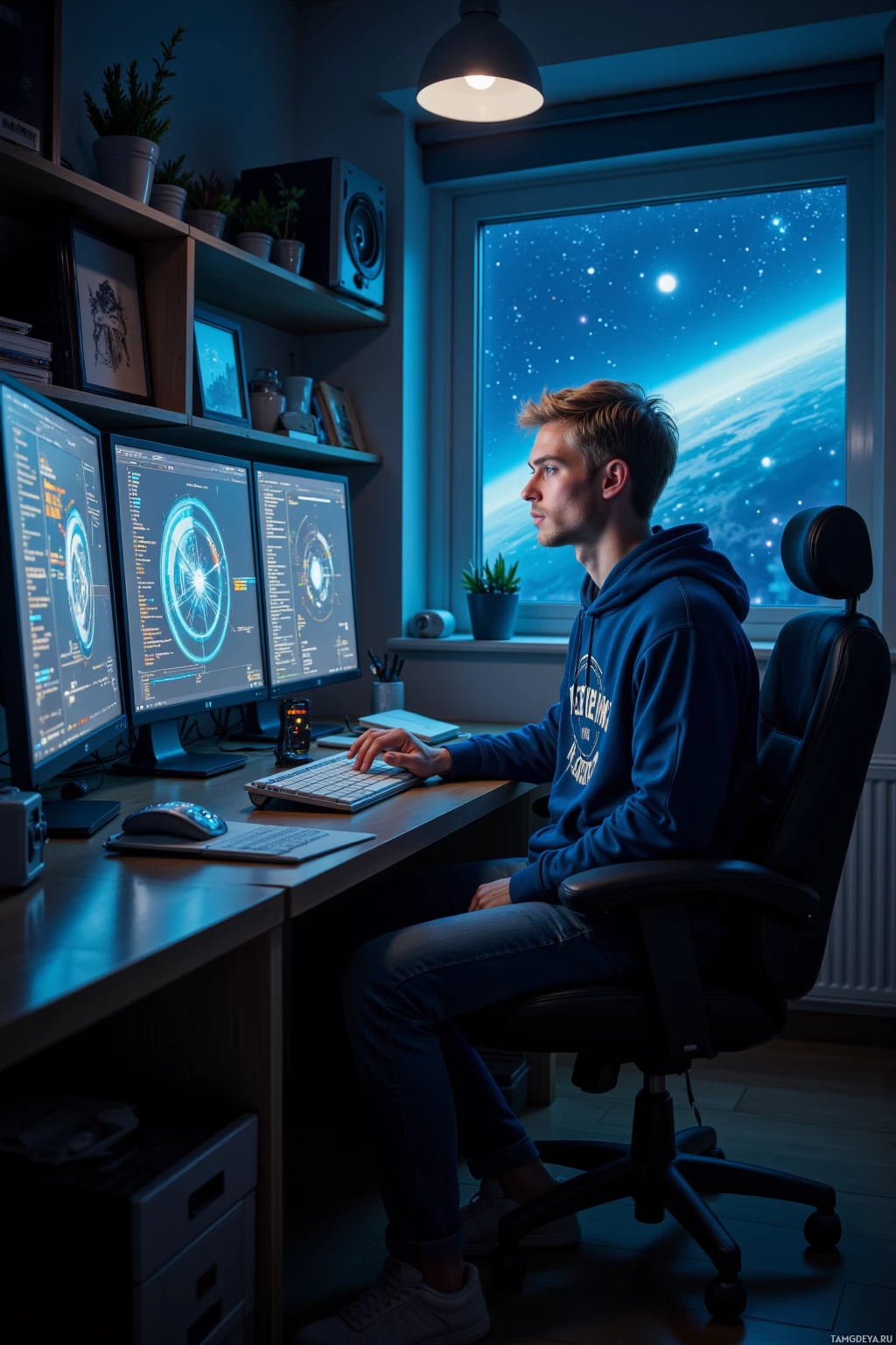 A person works at a desk with multiple monitors displaying technical data, under a desk lamp, with a view of a starry night sky outside the window.