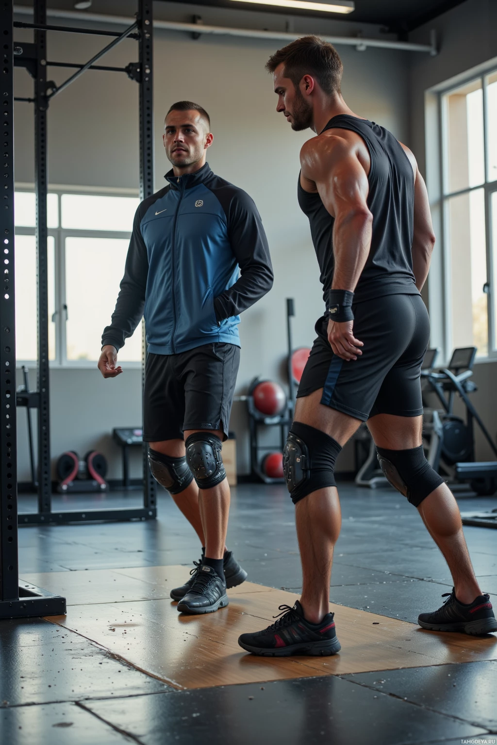 Two men in a gym, one wearing a jacket and the other in athletic gear, standing and facing each other.