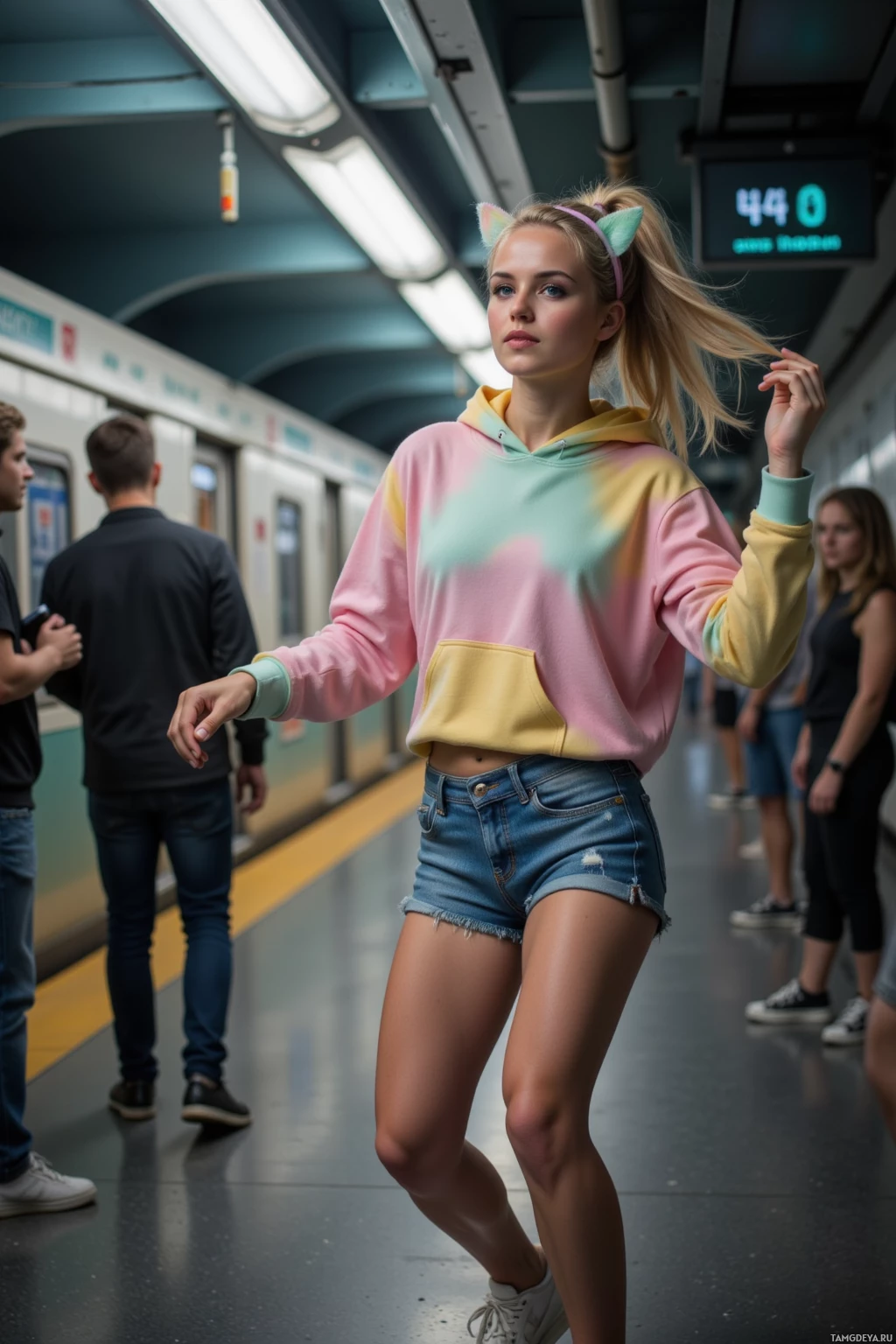 A young woman in a pastel hoodie and denim shorts stands on a subway platform.